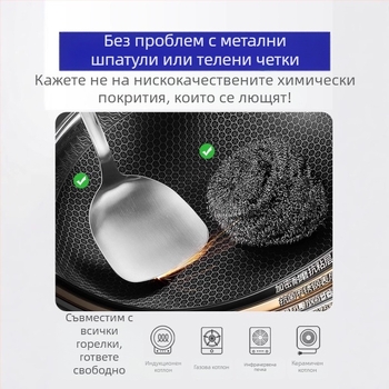 Уок от неръждаема стомана с покритие против залепване, дълбоко дъно, 1 кг, съвместим с всички котлони, модерен минималистичен стил