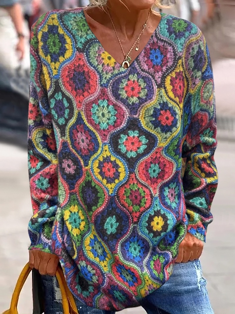 Пуловер със V-образно деколте, геометричен модел, полиестер, есен 2024