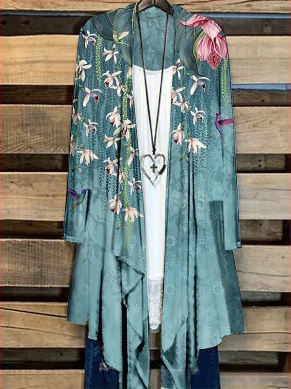 Дамска принтирана риза с дълги ръкави, удължена кройка и яка от козина, полиестер