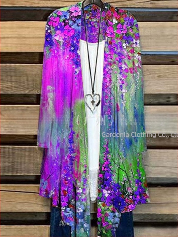 Дамска принтирана риза с дълги ръкави, удължена кройка и яка от козина, полиестер