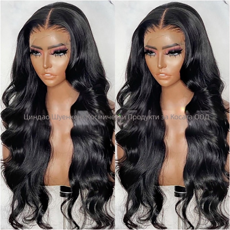 Перука SH-125, предна дантела, синтетични влакна устойчиви на високи температури, дълга къдрава коса със странични бретончета, естествен стил