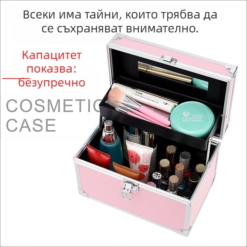 Козметичен калъф с PVC конструкция, отваряне чрез алуминиев рамков механизъм и еднопосочни колела