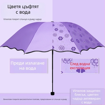 Женски сгъваем чадър за слънце и дъжд, ръчно отваряне/затваряне, UPF 50+, 8 стоманени ребра, тегло 320 g