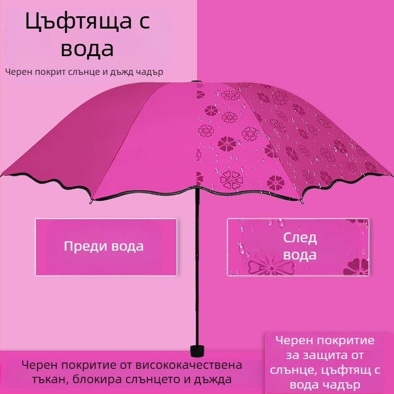Женски сгъваем чадър за слънце и дъжд, ръчно отваряне/затваряне, UPF 50+, 8 стоманени ребра, тегло 320 g