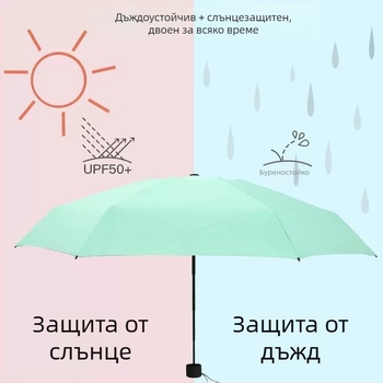 Компактен капсулен чадър, 6 ребра, ръчно отваряне, UPF > 50, плат 210T, железен прът