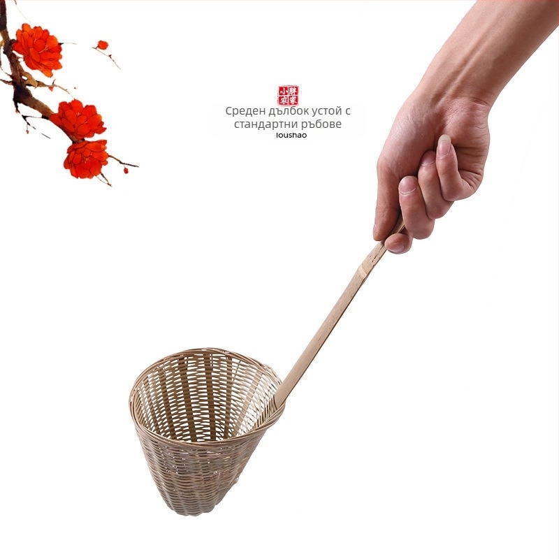 Ръчно изработена бамбукова кухненска цедка със кошница за нудли и лъжичка за прах от ориз – Произход: Chaozhou, Категория: Готварска лопатка