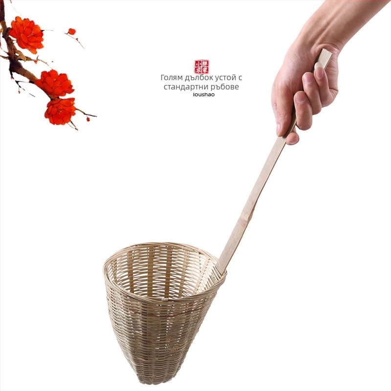 Ръчно изработена бамбукова кухненска цедка със кошница за нудли и лъжичка за прах от ориз – Произход: Chaozhou, Категория: Готварска лопатка