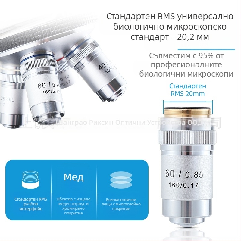 NISHAI ахроматичен микроскопски обективи комплект — 4x, 10x, 20x, 40x, 60x; приложения: биология, химия, изследвания