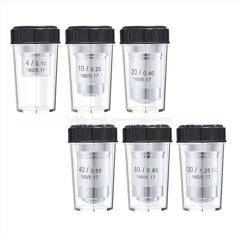 NISHAI ахроматичен микроскопски обективи комплект — 4x, 10x, 20x, 40x, 60x; приложения: биология, химия, изследвания