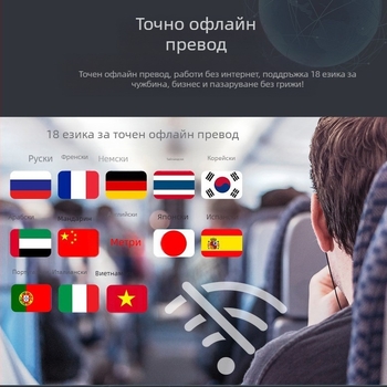 Преводач за множество езици с офлайн превод и превод чрез телефон • Android • Bluetooth поддръжка • Безжична дистанция 5 м • Режим на работа: бутони + сензорен екран