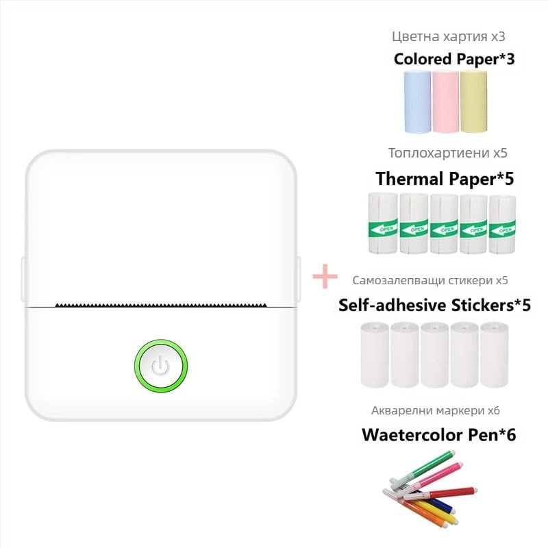 Мини джобен термален принтер — USB интерфейс, термална хартия 57x25 мм, вградена литиева батерия, съвместим с Apple/Android