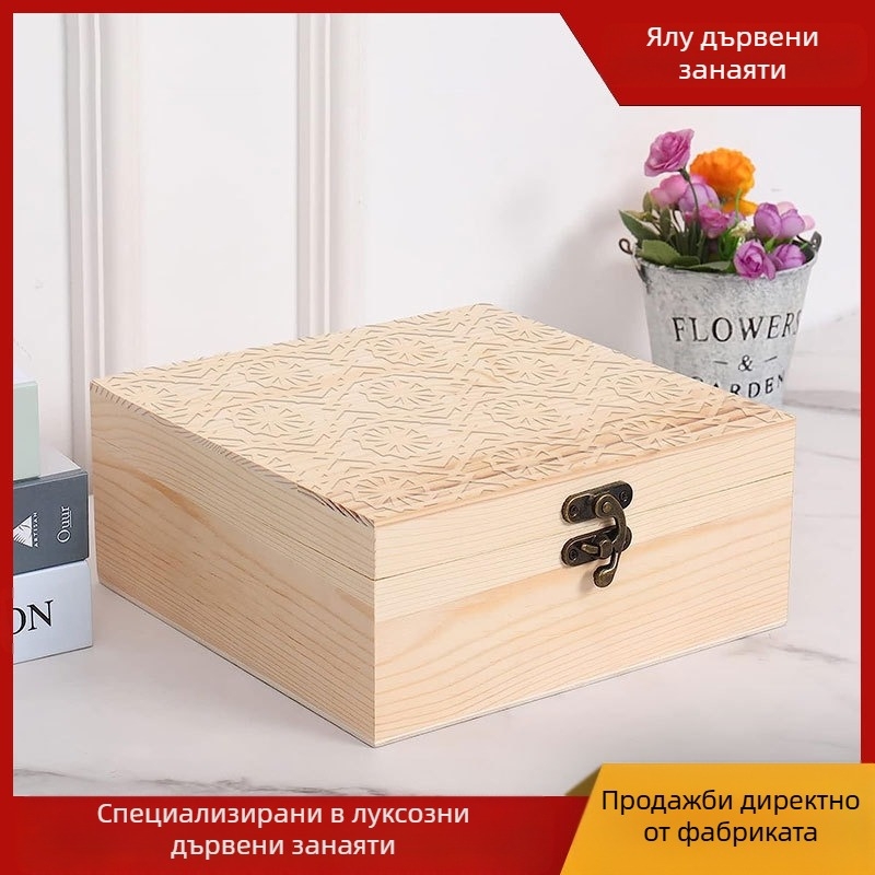 Дървена кутия за съхранение на бижута, модел Square 1, естествен дървен материал, бронзово покритие (сребърно), персонализирано лого