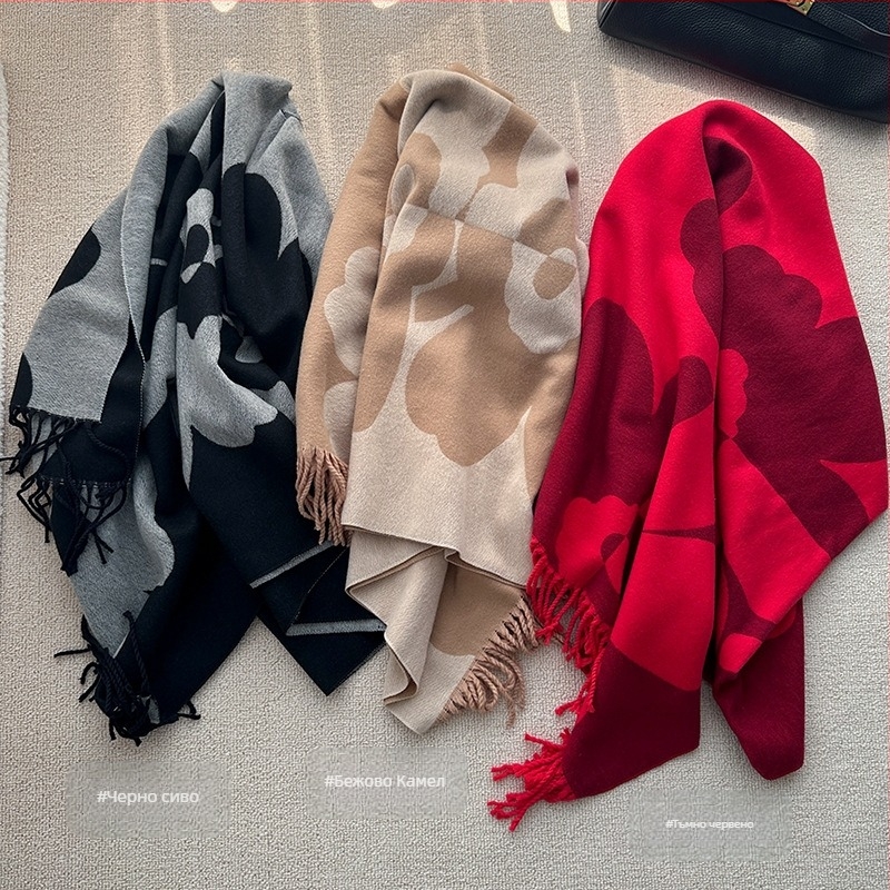 Флорален шал, Weft-knitted, Зимна топлина, Имитационно кашмирено, Памук–вискозна смес