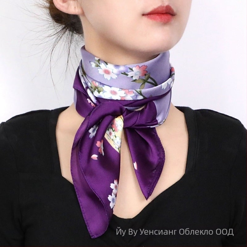 Квадратен шал от изкуствена коприна с принт за жени в средна и по-възрастна възраст — есенен стил, тъкане: гладко, печат