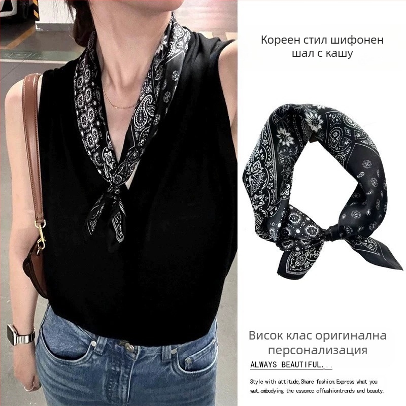 Вдъхновен от знаменитости Paisley квадратен шал с леопардов принт и аксесоар за връзване на косата (Полиестер • крепе плат • лято • пролет 2025)