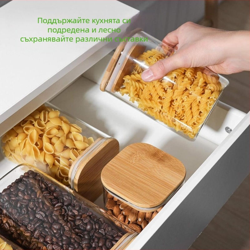 Стъклен запечатан буркан за чай и сладки, квадратна форма, 501-800 ml, микровълново безопасен