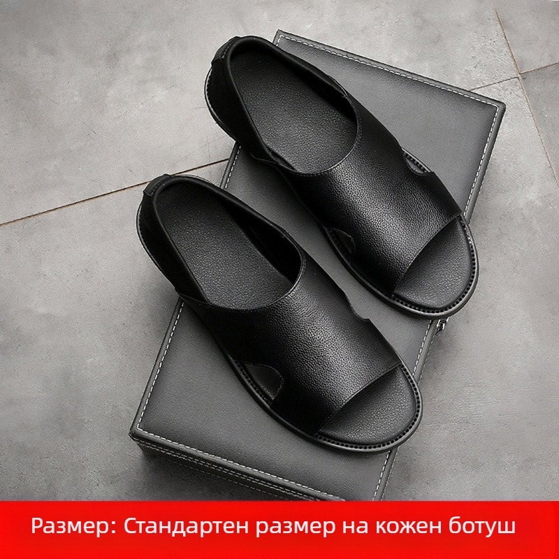 Мъжки римски сандали, двуслойна кожа върху горната част, дишащи сандали с отворен пръст, гумена подметка