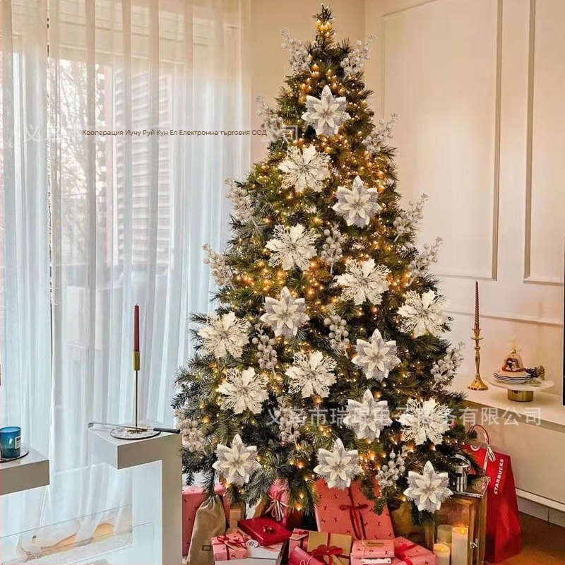 18 броя коледни украси за елха, 3D двойнослойни цветя, пластмасова изработка