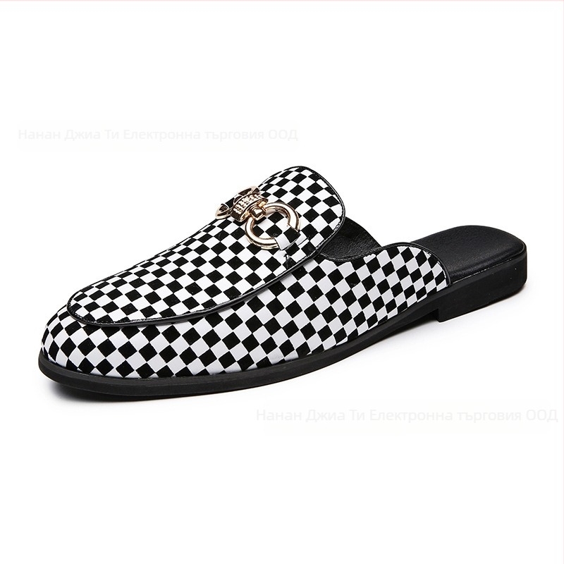 Мъжки лофери slip-on с каре модел, кожена носна част, PU горна част, гумена подметка, летни ежедневни обувки
