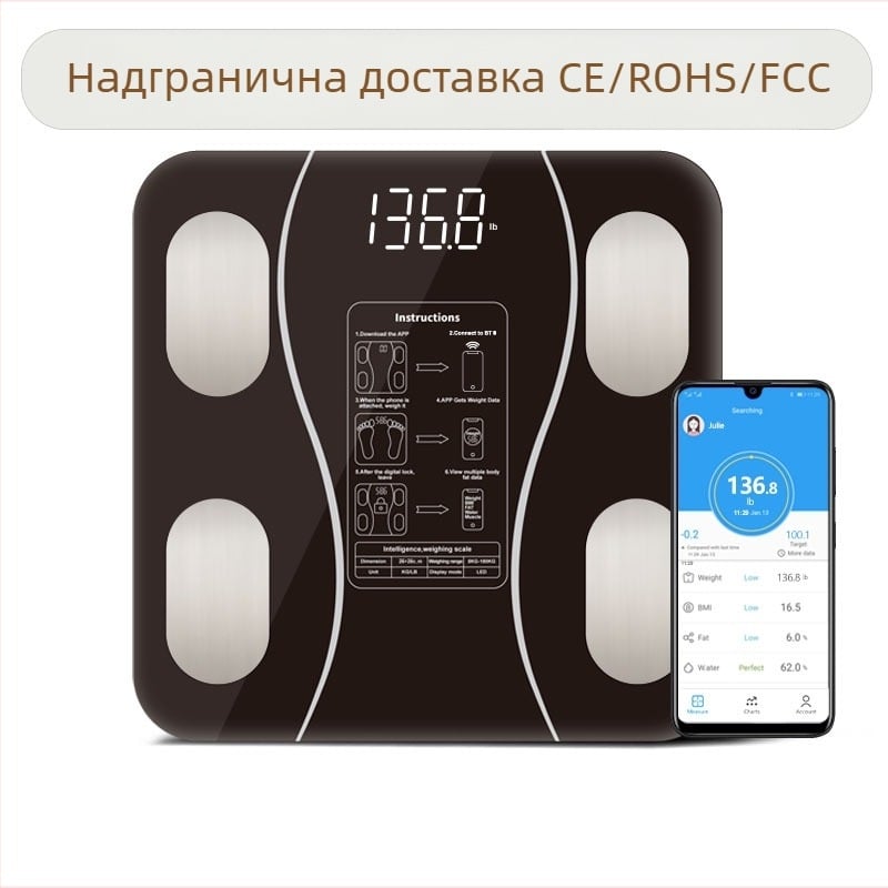 Bluetooth везни за телесни мазнини с LED дисплей, прецизни умни измервания за домашна употреба, закалено стъкло, капацитет 180 кг