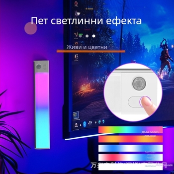 Нощна светлина за гардероб с датчик за движение, USB презареждаща, магнитно закрепване, амбиентно градиентно осветление
