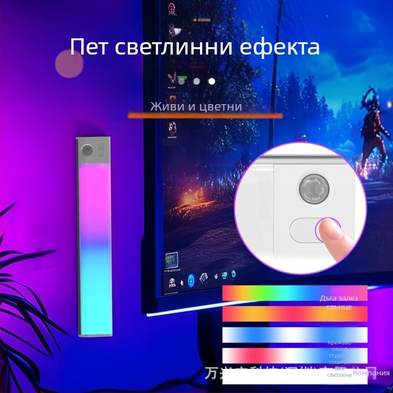 Нощна светлина за гардероб с датчик за движение, USB презареждаща, магнитно закрепване, амбиентно градиентно осветление