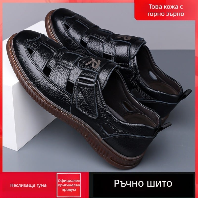 Сандали от първи слой телешка кожа, дишащ прорезан дизайн, закопчаване с велкро, противохлъзгаща мека подметка, подметка от телешко сухожилие, за мъже на средна възраст 40–60 г