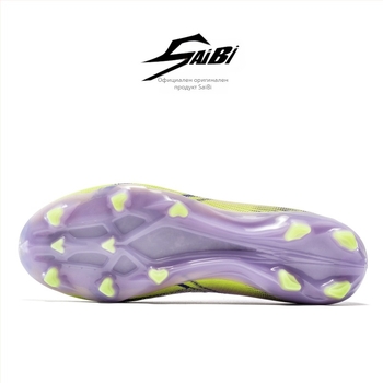Футболни обувки с висока горна част, дишаща технология, противохлъзваща подметка, ударопоглъщане и мрежеста вътрешност.