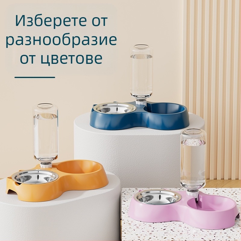 Автоматичен подхранвач за котки и купа за вода от неръждаема стомана, модел 00089613, марка Qiang Hong