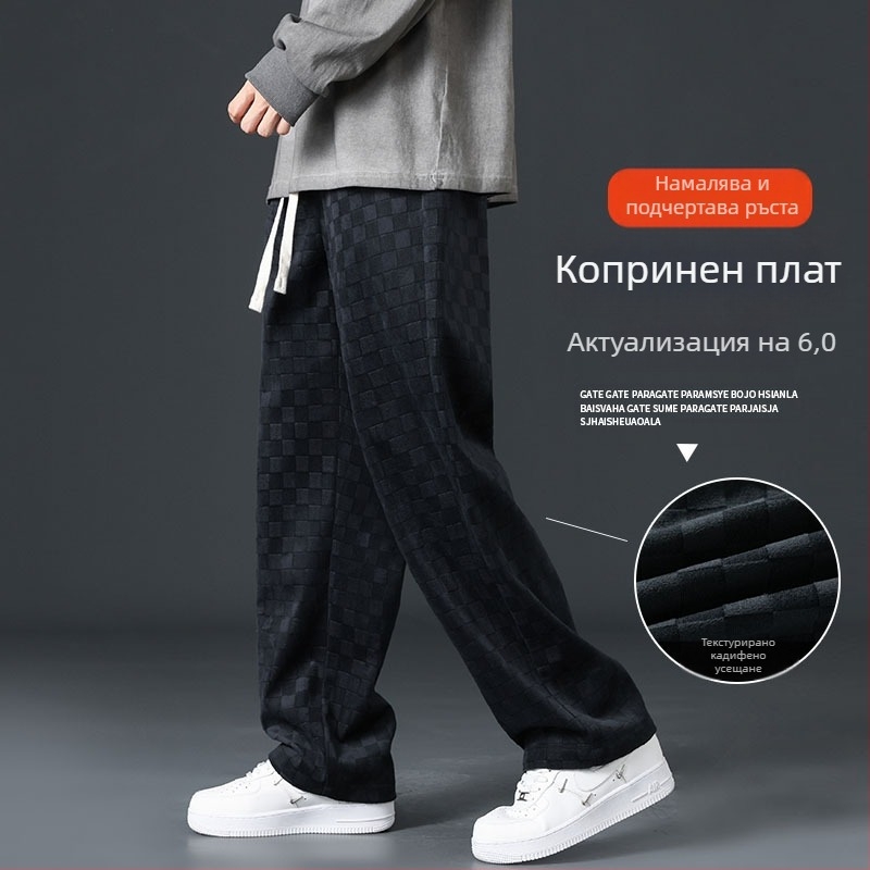Corduroy панталони за мъже, свободна кройка, клетъчен модел, средна талия
