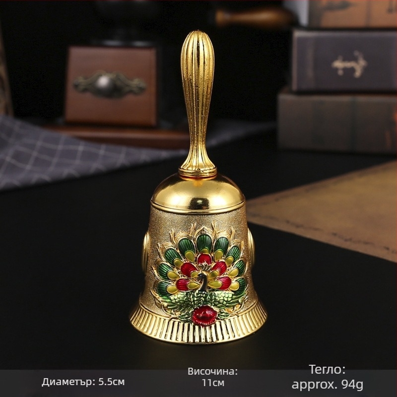 Ръчна камбанка от сплав – антикварен метален звън за класна стая, сервиране на храна и ранно образование; опакована в картон.