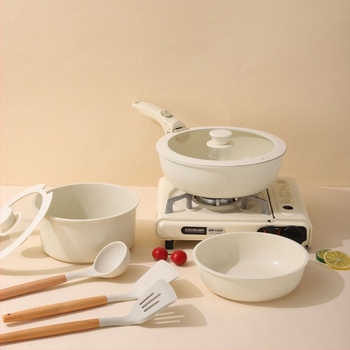 Комплект тенджери със сваляема дръжка — съдове от алуминиева сплав с незалепващо покритие, дъно с мултислоен дизайн, включва тенджера за мляко, два тигана и силиконово стъклено капаче, съвместим с индукционни котлони