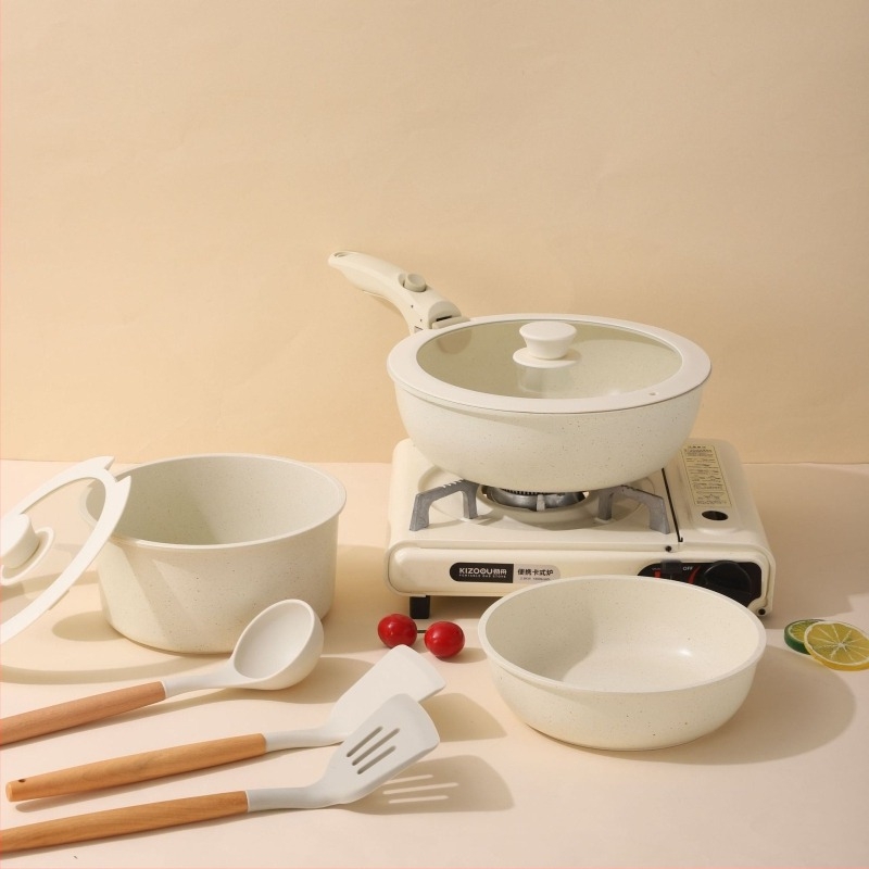 Комплект тенджери със сваляема дръжка — съдове от алуминиева сплав с незалепващо покритие, дъно с мултислоен дизайн, включва тенджера за мляко, два тигана и силиконово стъклено капаче, съвместим с индукционни котлони