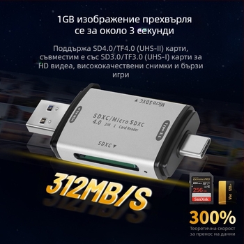 Hexing SD/TF/MicroSD 4.0 USB-C четец за две карти едновременно