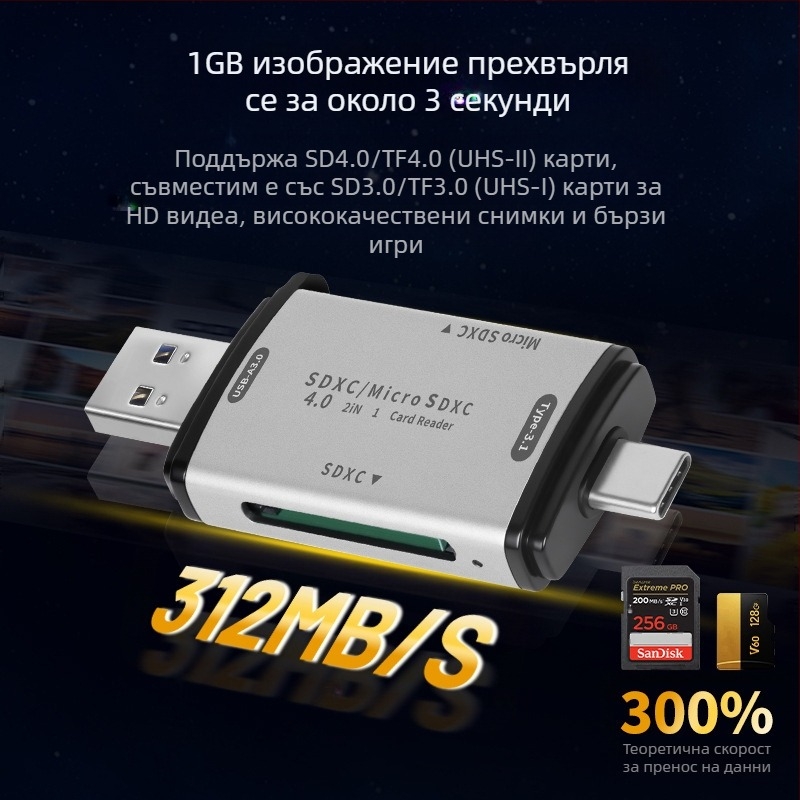 Hexing SD/TF/MicroSD 4.0 USB-C четец за две карти едновременно
