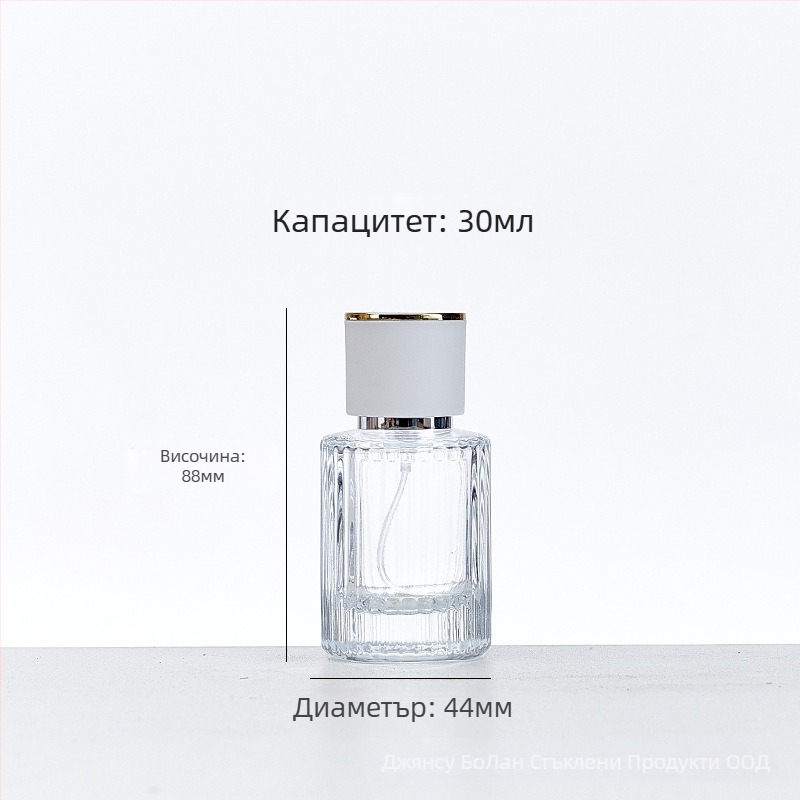 Стъклена бутилка за парфюм със винтово гърло, кръгло прозрачно тяло, дебело вертикално ивично стъкло, голям страничен спрей, тежък капак