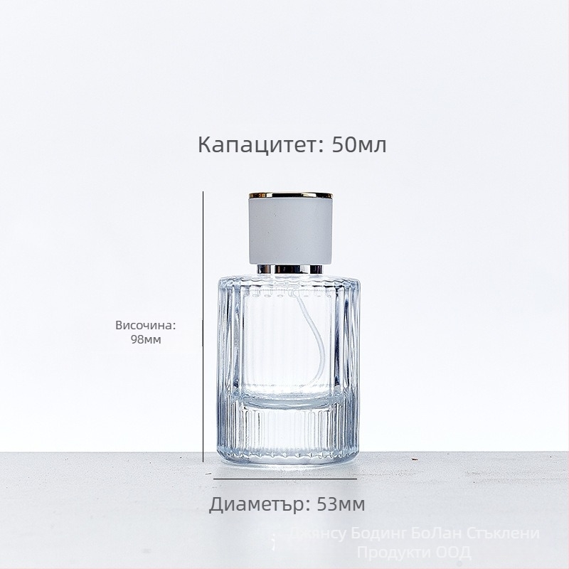 Стъклена бутилка за парфюм със винтово гърло, кръгло прозрачно тяло, дебело вертикално ивично стъкло, голям страничен спрей, тежък капак