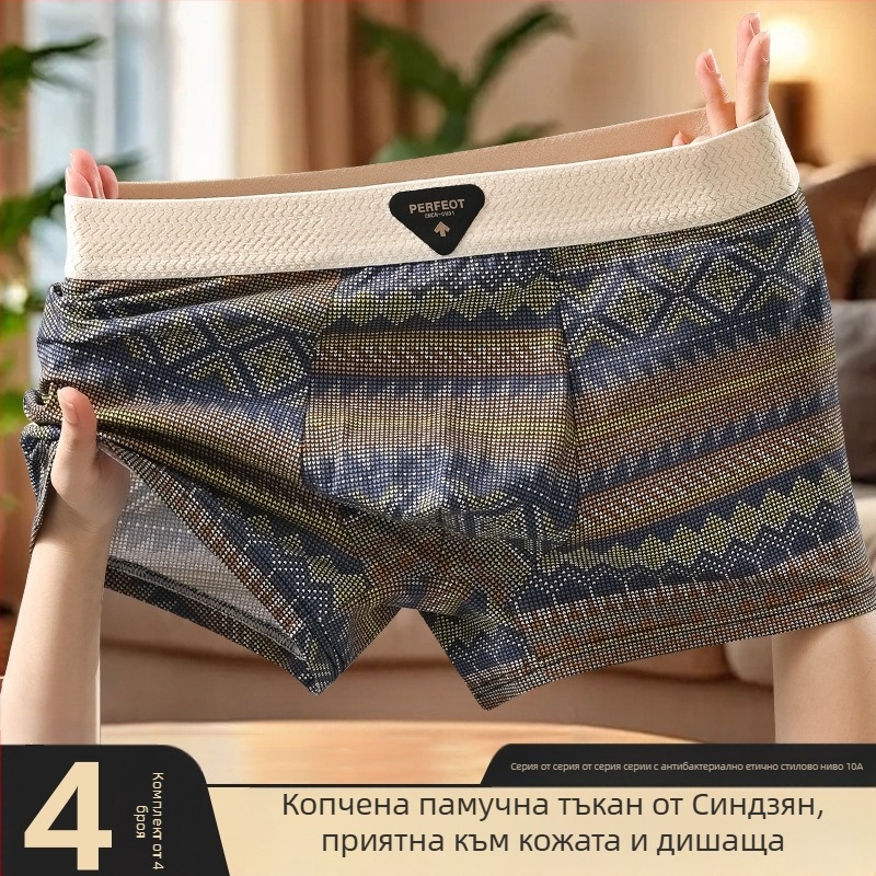 Мъжки боксерки с ретро етно мотив върху памук, дишащи, антибактериални, комфортни, средна талия
