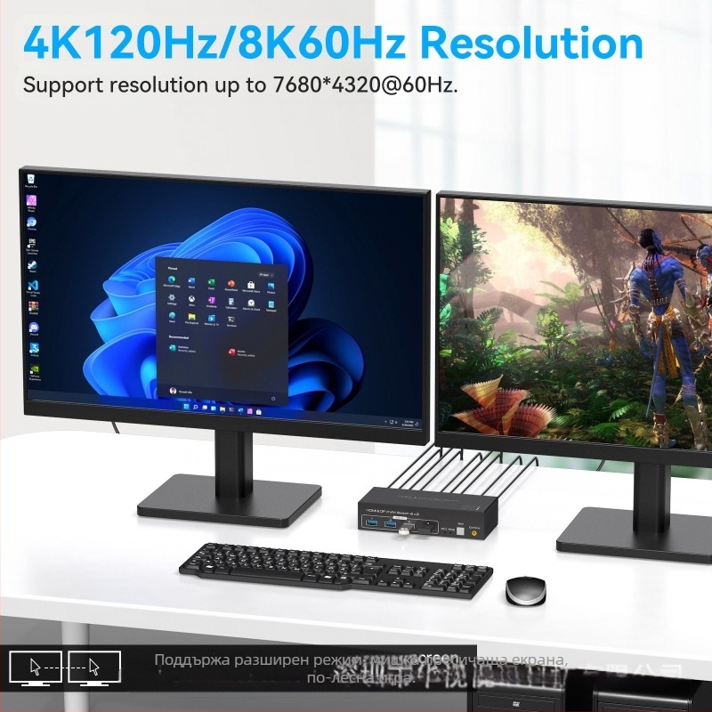 KVM превключвател за двойни дисплеи 2×2, HDMI 2.1, DP1.4, 8K60Hz, USB3.0
