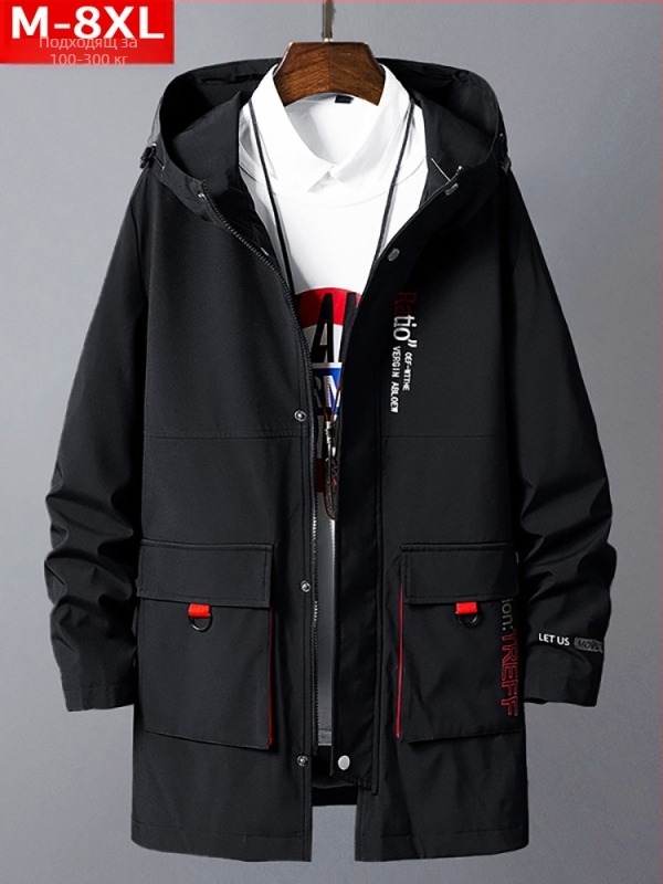 Мъжко палто с качулка, свободна кройка, с размер плюс, средна дължина, закопчаване с цип