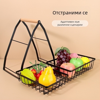 Многослойна кошница за плодове във форма на V с разглобяема метална рамка и дървена дръжка – кухненски настолен стелаж от въглеродна стомана