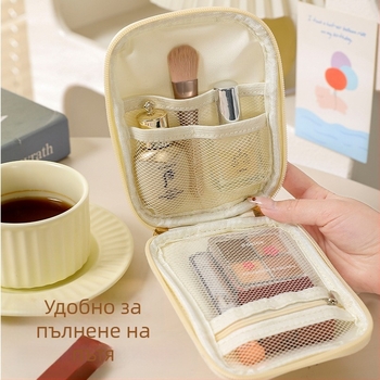 Козметична чанта с вертикална квадратна форма, мрежеста вътрешност, полиестер, цип
