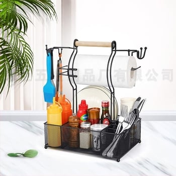 Кухненска стойка за подправки със държач за салфетки и държач за клечки за хранене, сгъваема, въртяща се, без пробиване, метална тел