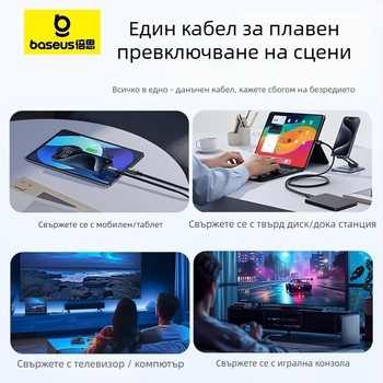 Baseus USB-C към USB-C кабел за бързо зареждане, дължина 1.5 м, 100W, цинкова сплав