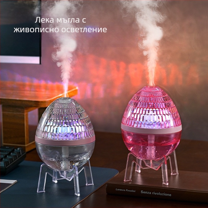 Настолен овлажнител с кристална лампа и звездно небе, USB захранване, модел ZJ-135, подходящ за 21–30 м², резервоар под 0,5 л, шум ≤36 дБ