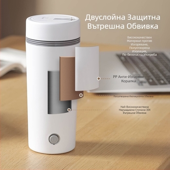 Електрическа чаша за затопляне на вода в автомобил, захранване 12V/24V, капацитет 0,35 л, кабел 70 см, 80W/140W, автоматично изключване и защита от прегряване