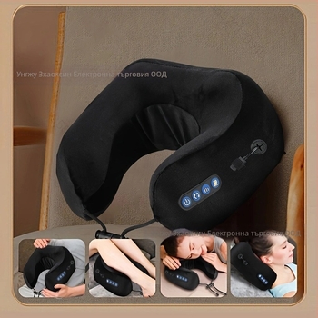 U-образна електрическа масажна възглавница за шията, с 2 масажни глави, 3 скорости, нагряване и месене, захранване чрез зареждане