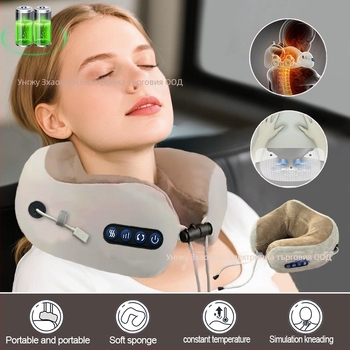U-образна електрическа масажна възглавница за шията, с 2 масажни глави, 3 скорости, нагряване и месене, захранване чрез зареждане