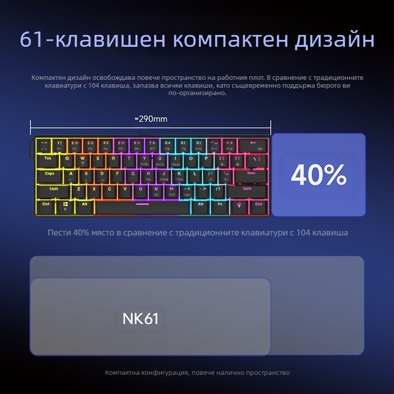 Гейминг клавиатура, 60% оформление, ≤87 клавиши, жично свързване, механични превключватели