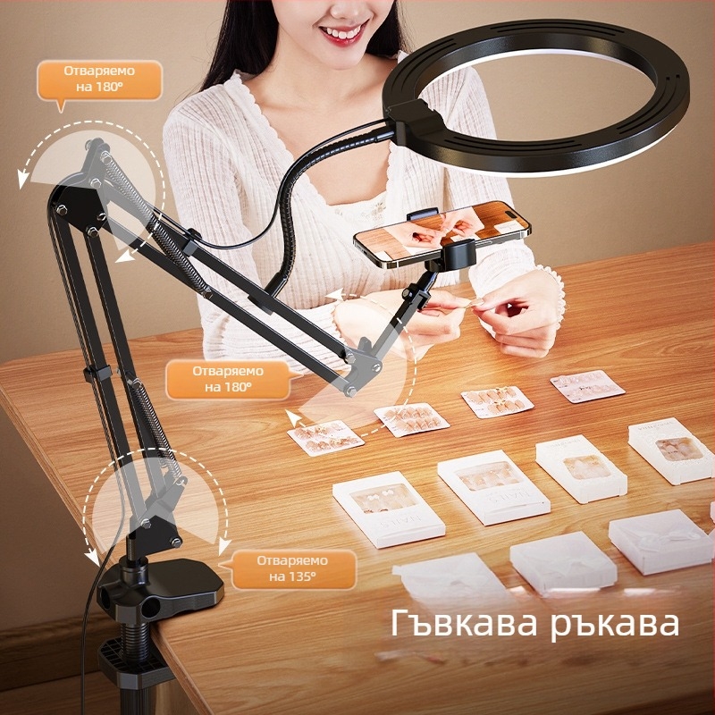 Стойка за мобилен телефон за надгледно заснемане с LED осветление — настолно лайв стриймване и видеозапис на храна и бижута, модел F1a, алуминиева сплав